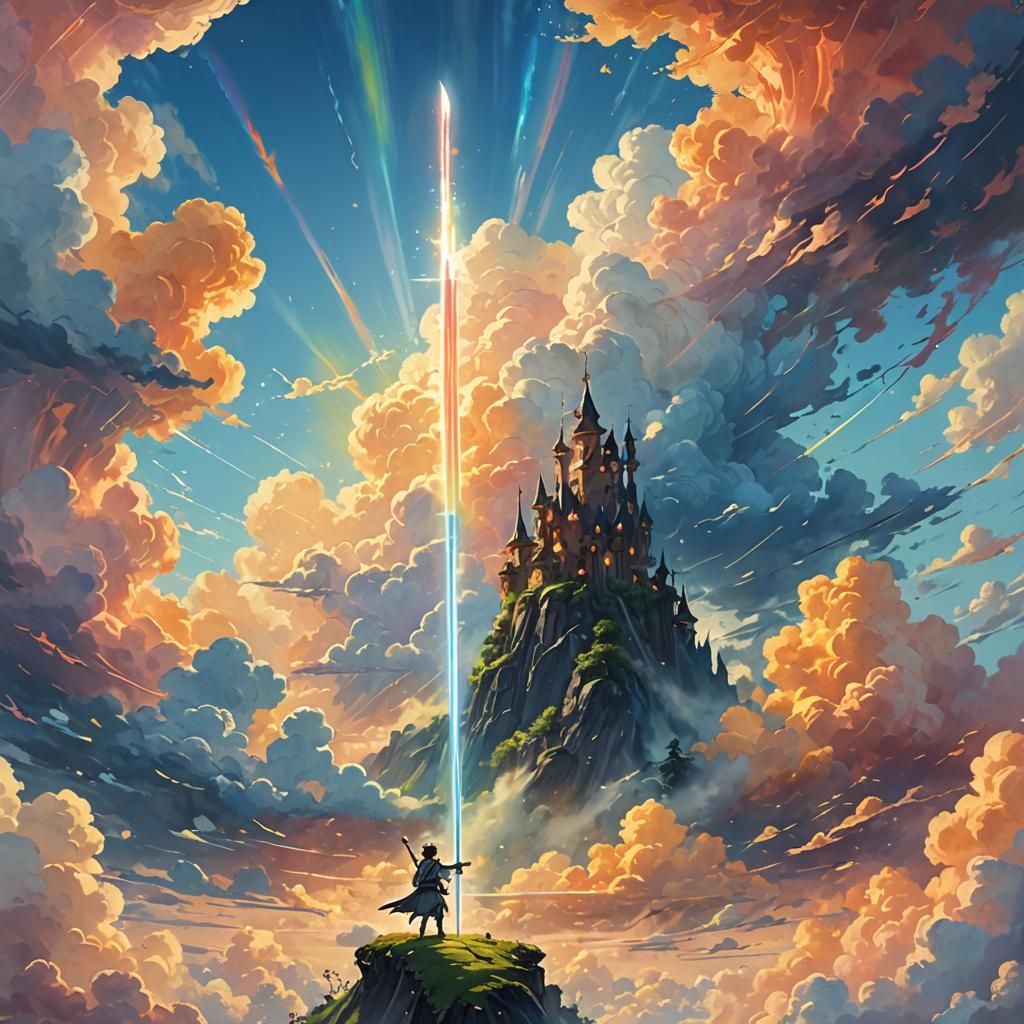 Flying Sword Soaring Through Dreamy Pastel Sky