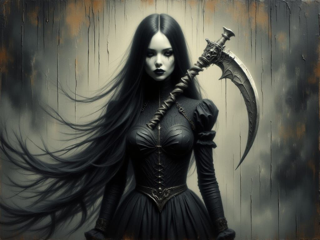 Wednesday Addams Portrait with Scythe as Impasto Painting