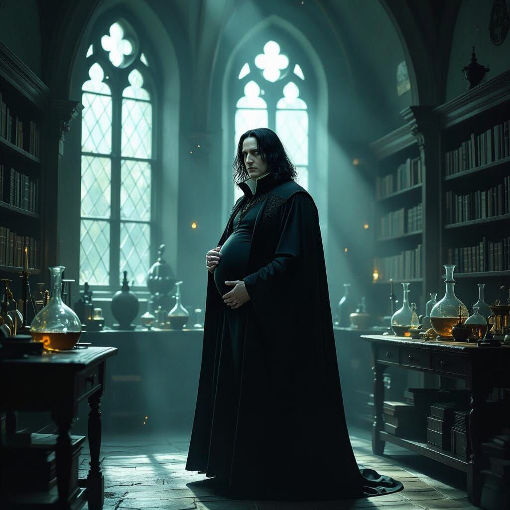 Pregnant Severus Snape in Dark Academia Hogwarts Classroom