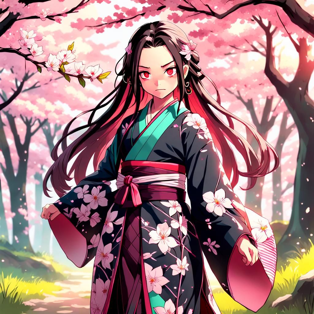 Serene Nezuko Amidst Cherry Blossoms in Elegant 3D Anime Art