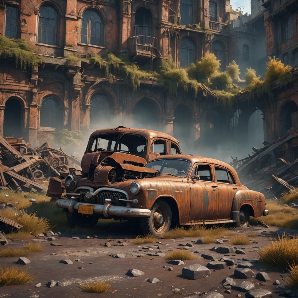 Detailed Matte Painting of a Rusty Old Car
