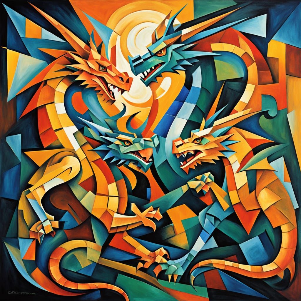 Three Dragons Fighting in Cubism Style