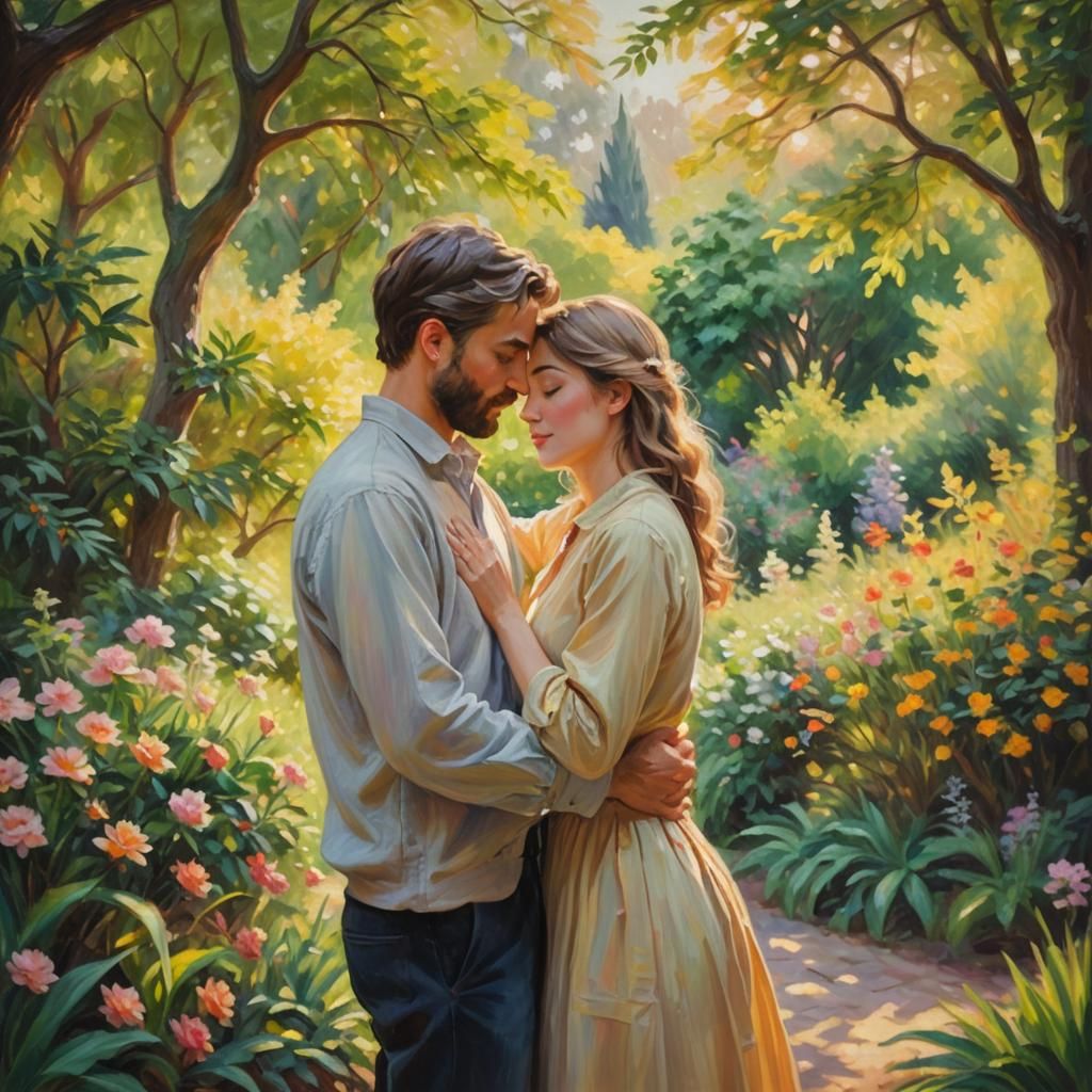 Romantic Couple in Garden: An Impressionist Painting