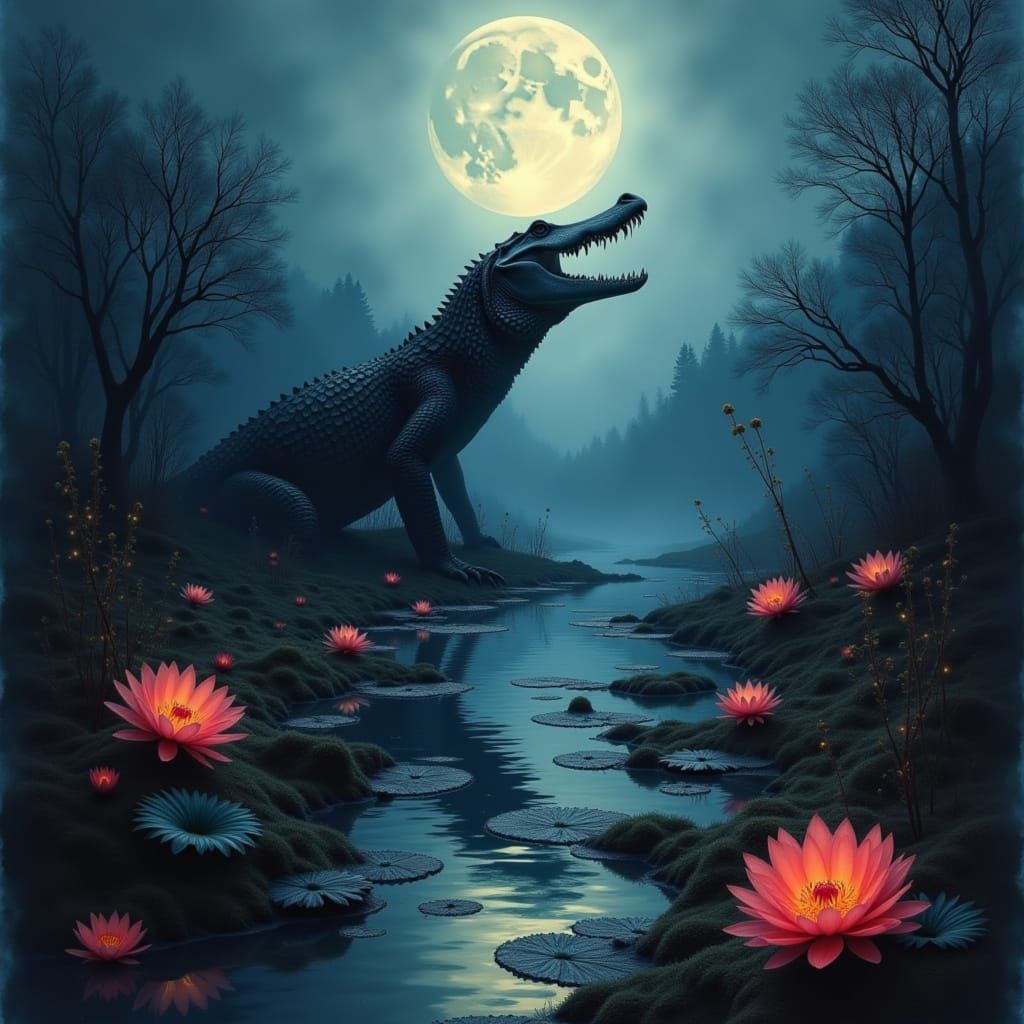 Massive Alligator in Misty Swamp on Foggy Moonlit Night