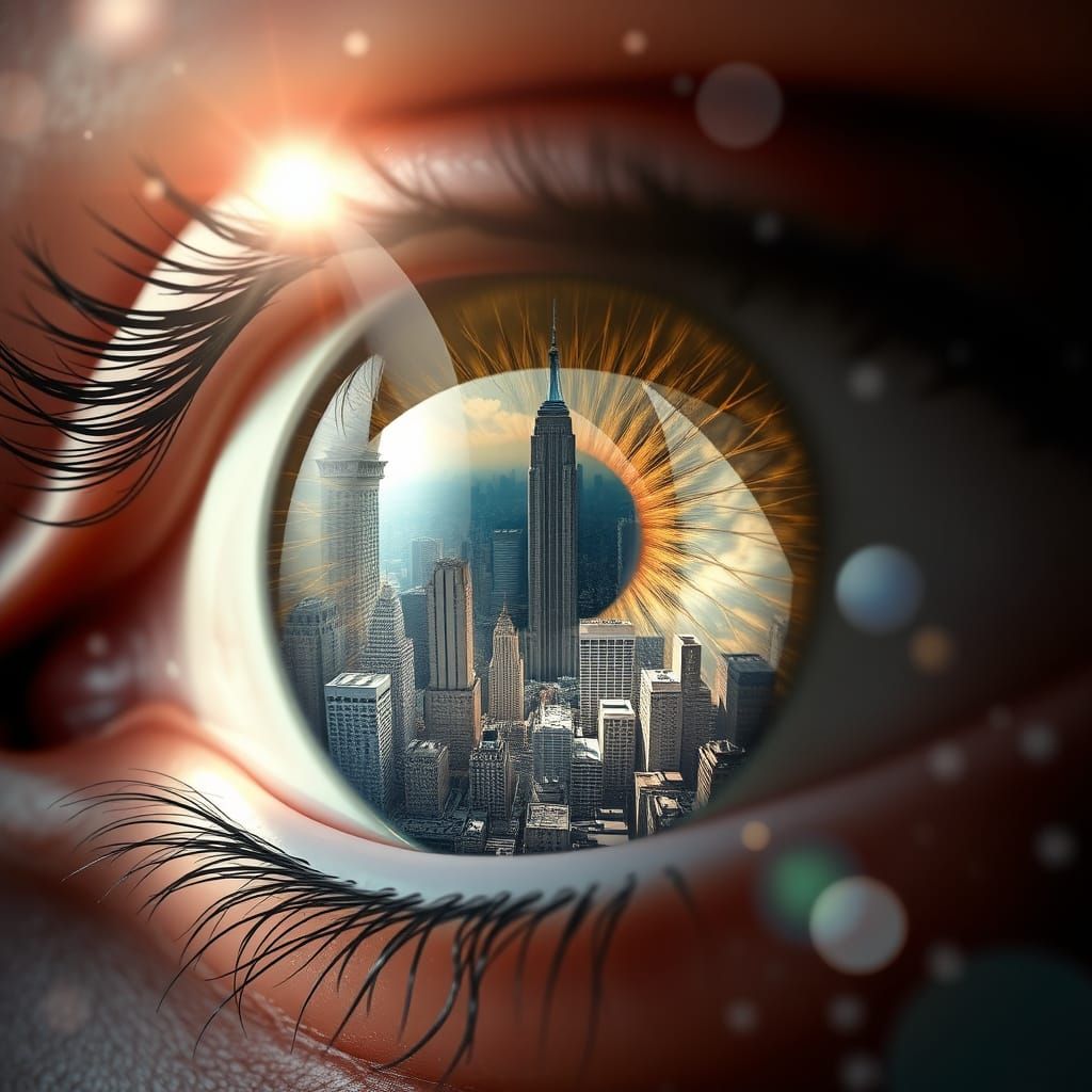 Hyper-Realistic Eye Window to a New York Cityscape in Cosmic...