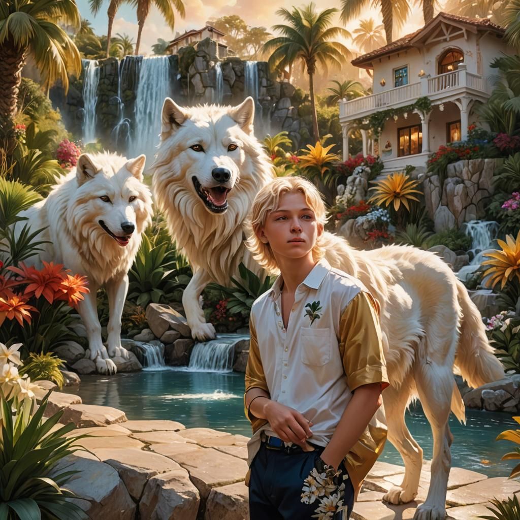 Boy and White Wolf in Hyperrealistic Garden