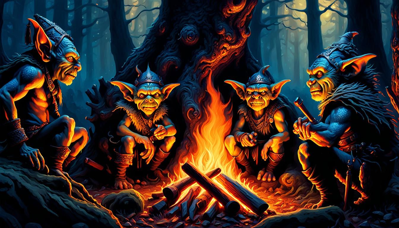 Goblin Tribe Gathering in Forest: Hyperrealistic Illustratio...