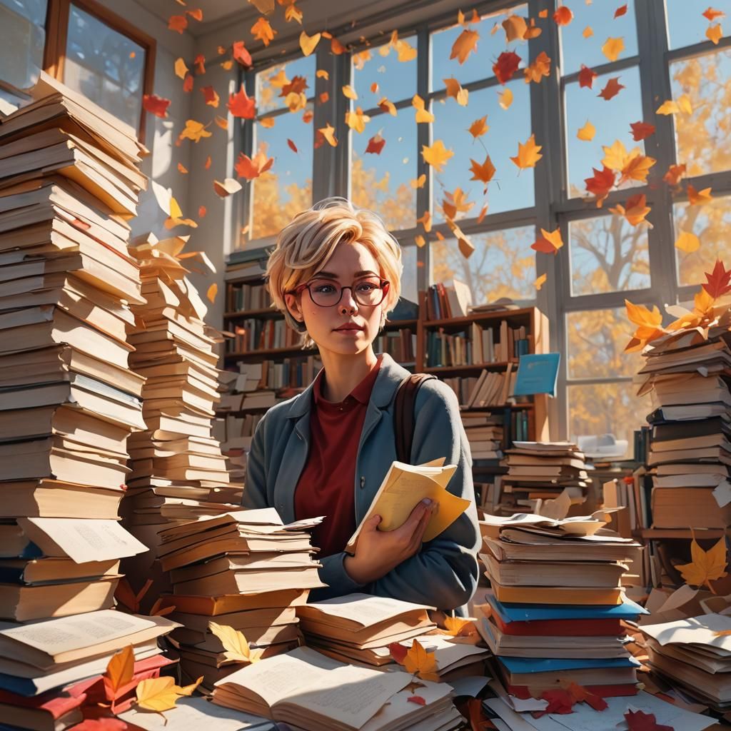 Classroom Scene: Surreal Digital Artwork with Autumn Light
