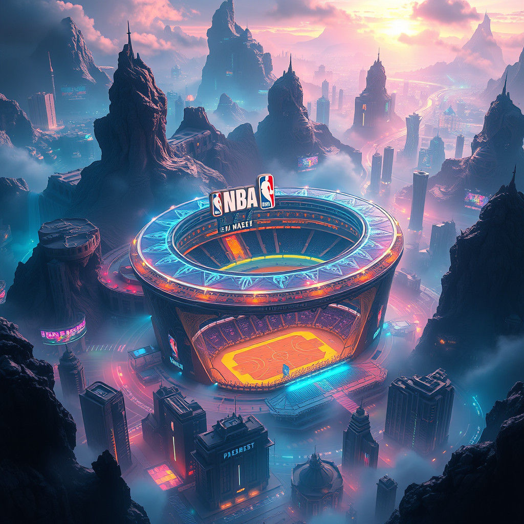 Ethereal NBA Arena in Dreamlike Cityscape