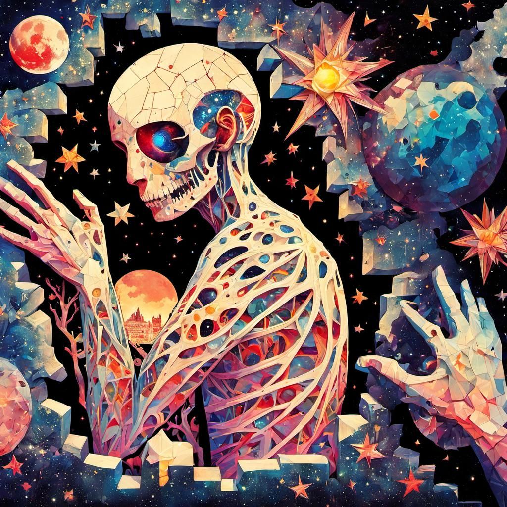 Macabre Starry Night Brick Walls in Double Exposure Collage