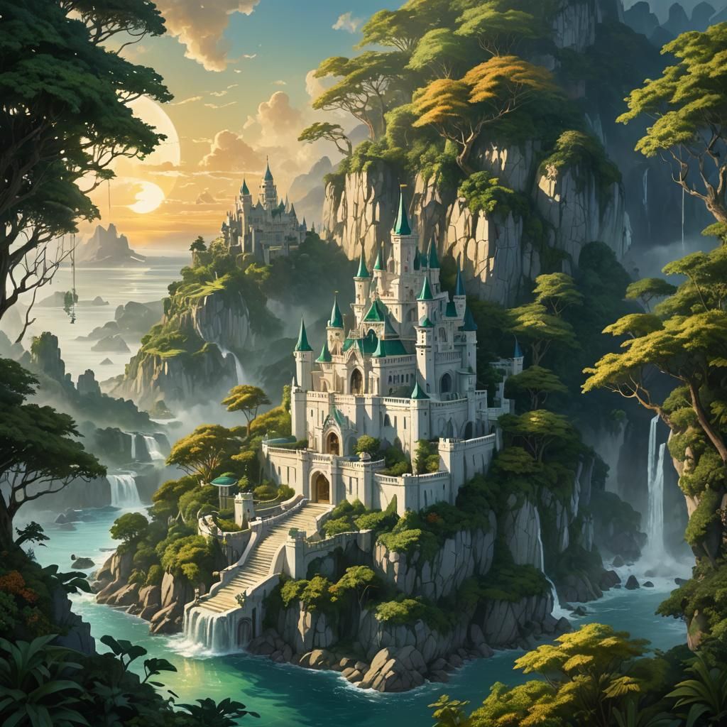 Fantasy Castle with Lush Gardens and Golden Sunrise