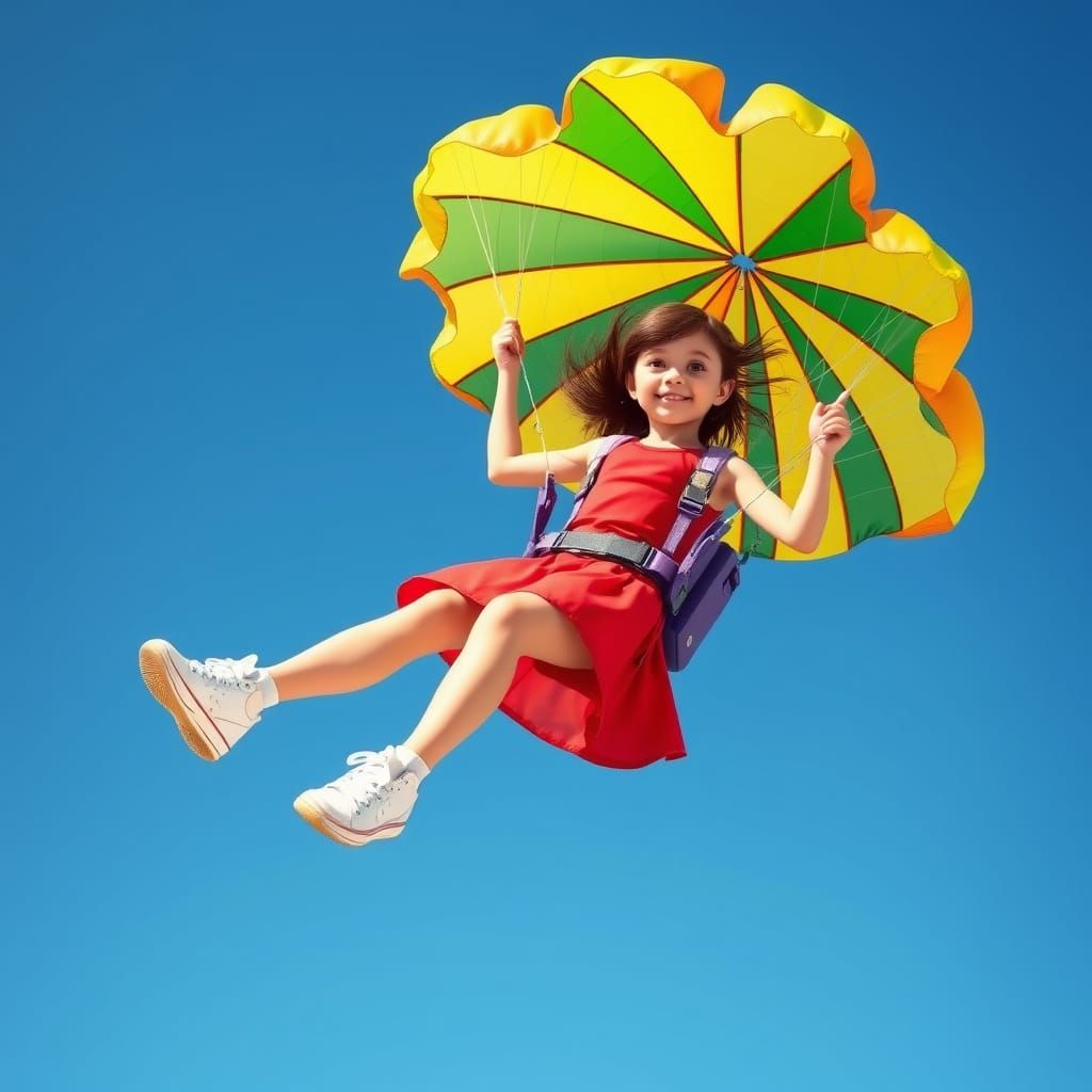 Girl Parachuting in a Whimsical, Vibrant Style