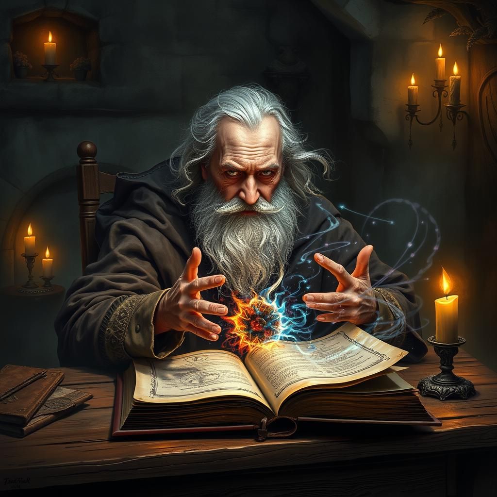 Mystical Wizard Conjuring Elements in Dark Fantasy Style