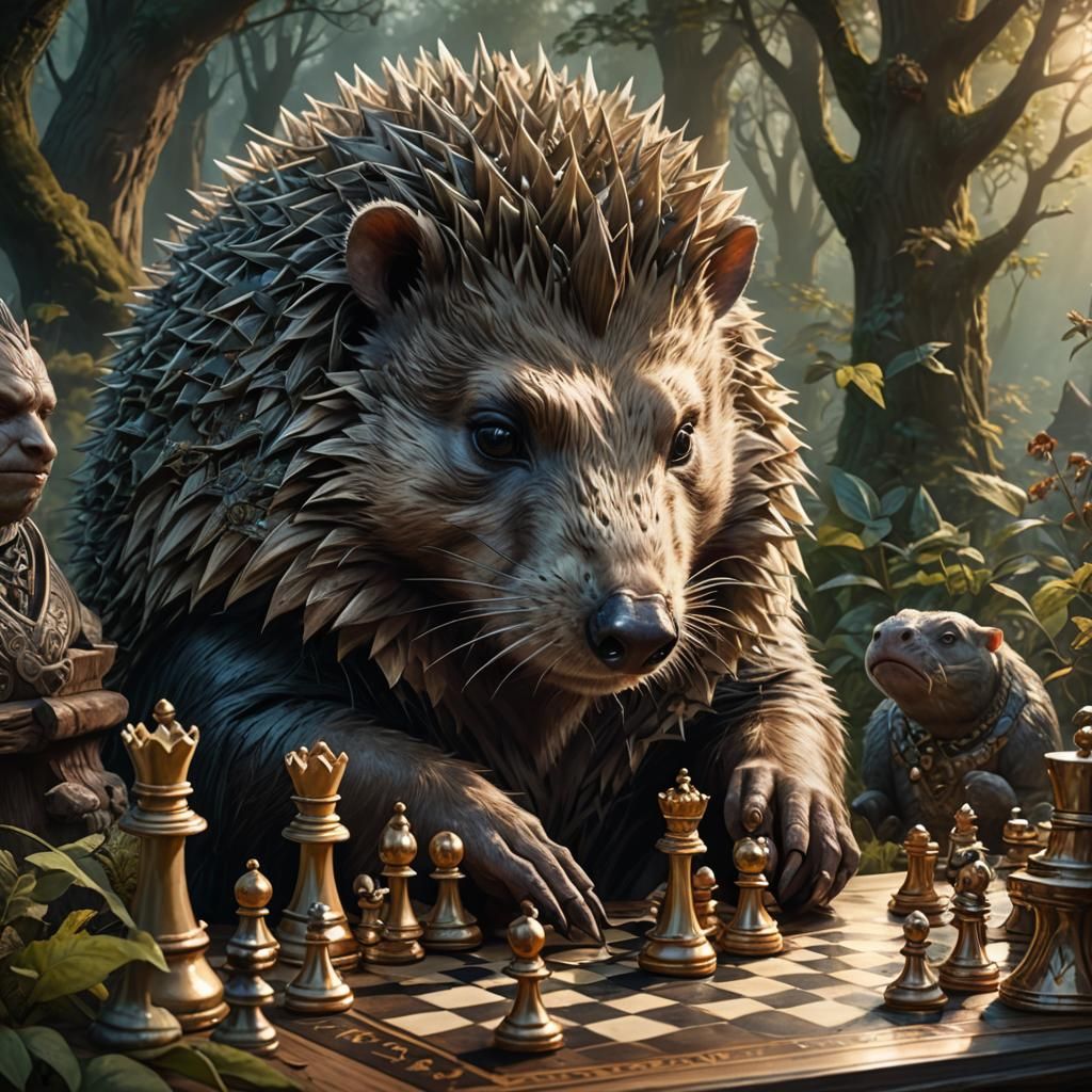 Hedgehog and Hippo Chess Match in Mystical Forest