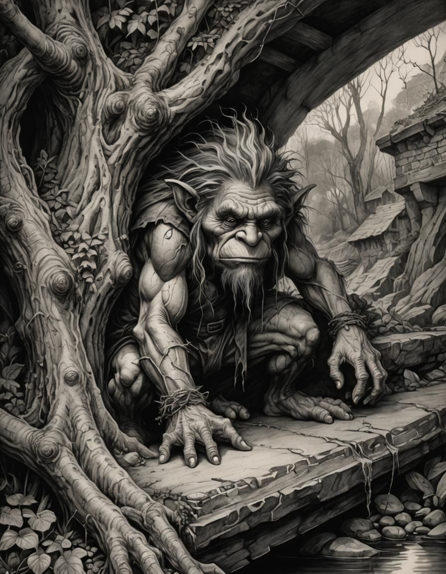 Troll Under Bridge: Detailed Pencil Sketch in Black and Whit...
