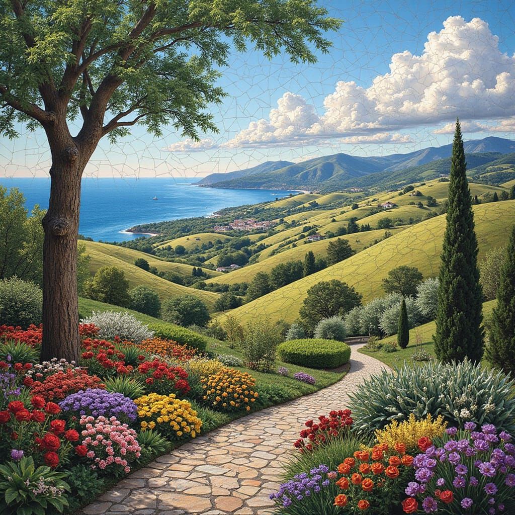 Historic Mediterranean Landscape in Intricate Stained Glass