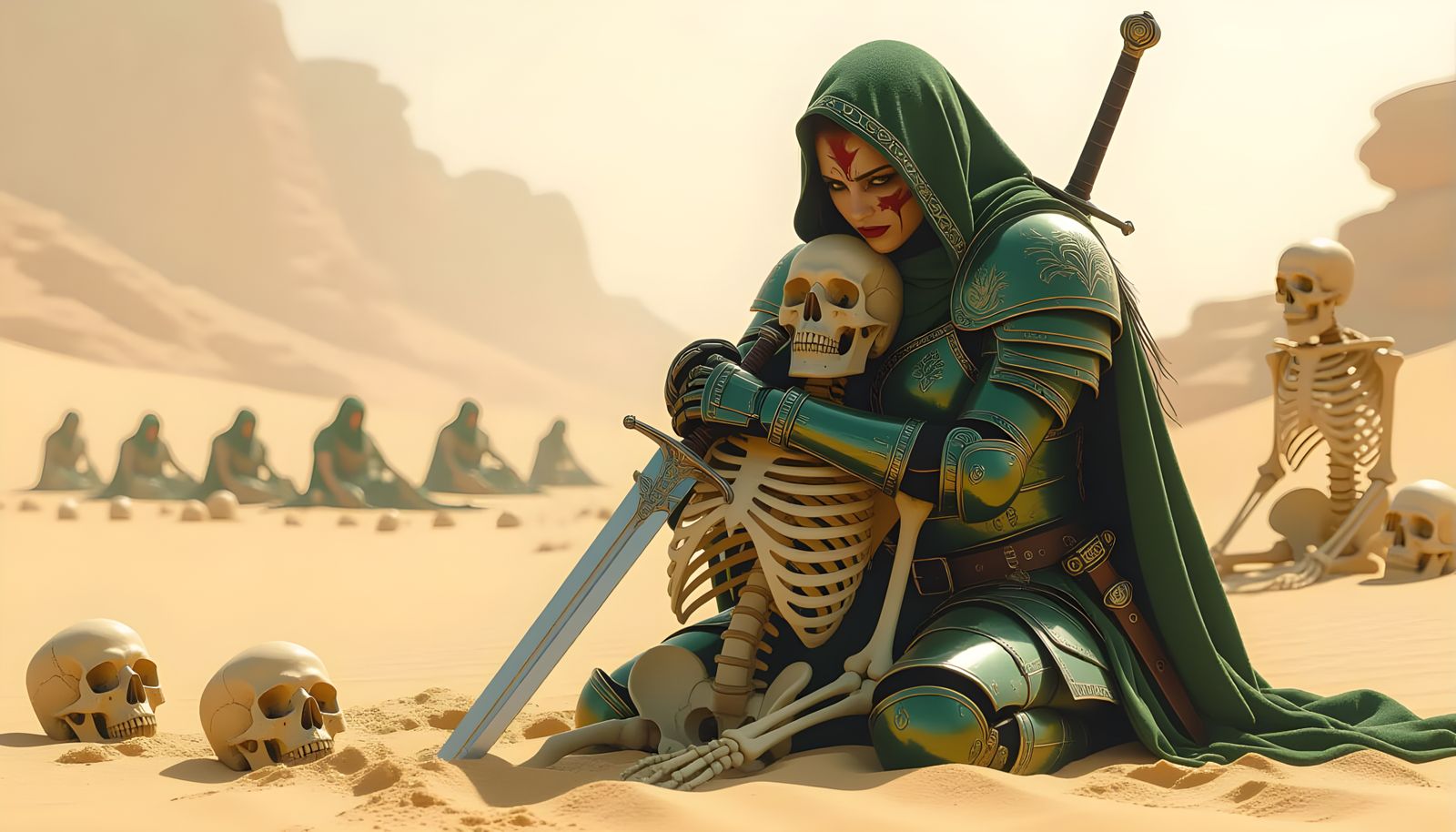 Warrior Lady Embraces Skeleton in Sandy Wasteland