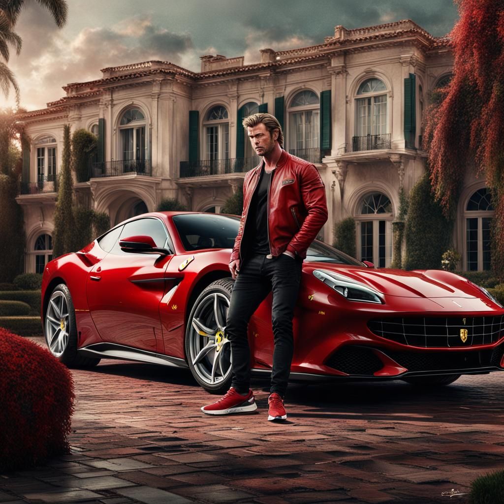 Chris Hemsworth in Red Leather Jacket by Ferrari