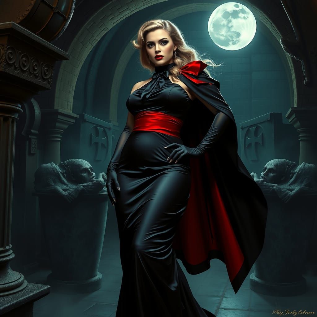 Elegant Vampire Countess in Dark Castle Crypt