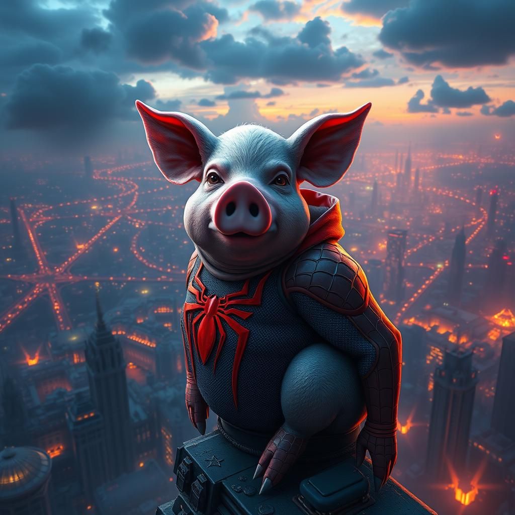 Spider-Pig in Mystical Cityscape, Fantasy Concept Art