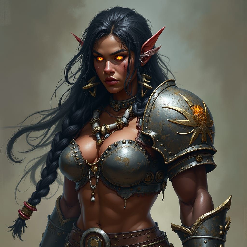 Ebony Half-Orc Barbarian Woman in Detailed Matte Painting