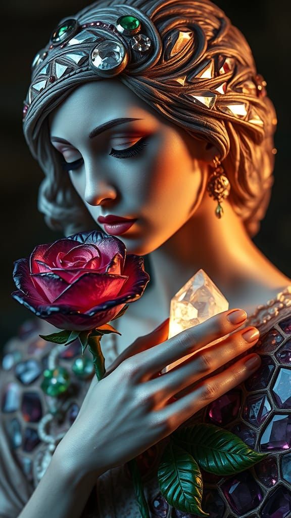 Hyperrealistic Portrait in Gemstone Mosaic with Crystal Rose