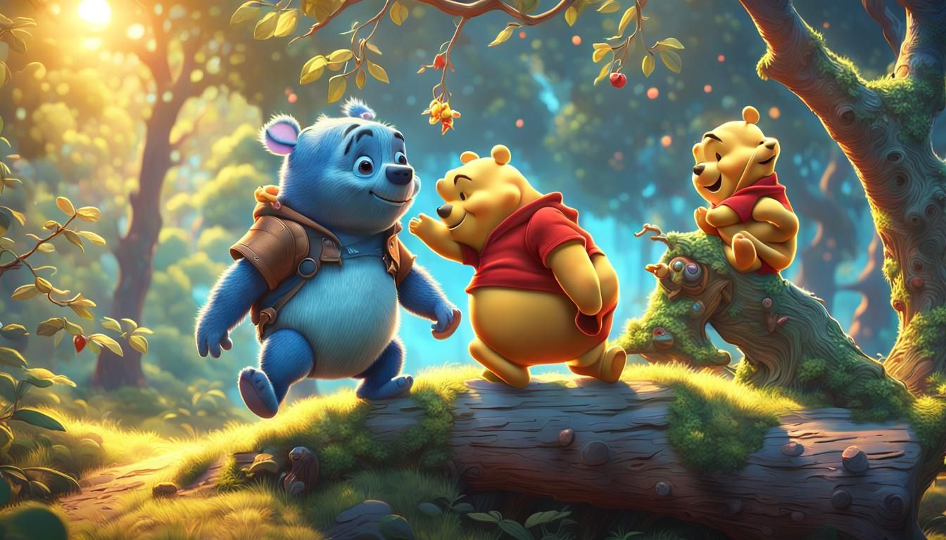 Stitch and Winnie the Pooh as Pixar Concept Art