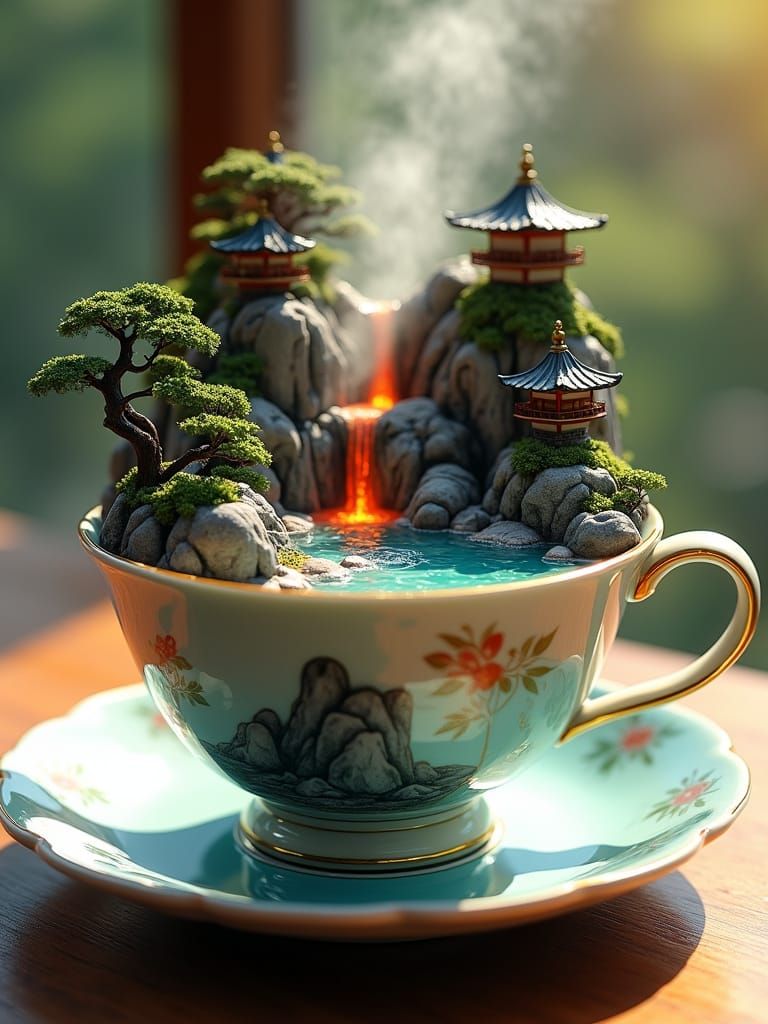 Serene Porcelain Teacup Landscape with Miniature Cliffs and ...
