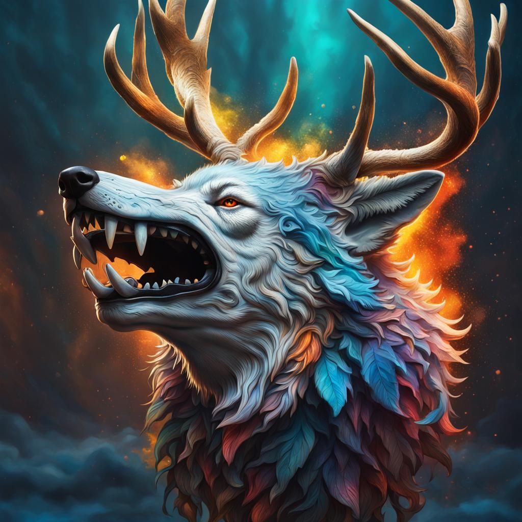 Wolf Mask with Antlers: Hyperrealistic Fantasy Art