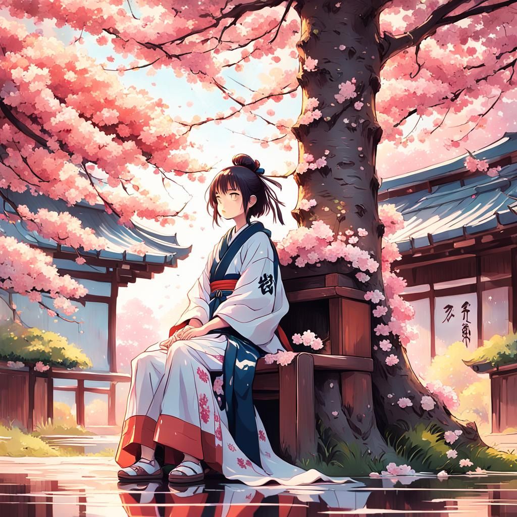 Elegant Samurai Woman Amidst Cherry Blossoms in Soft Pastel...