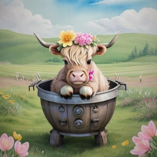 Adorable Highland Cow in Easter Egg, Watercolor Style