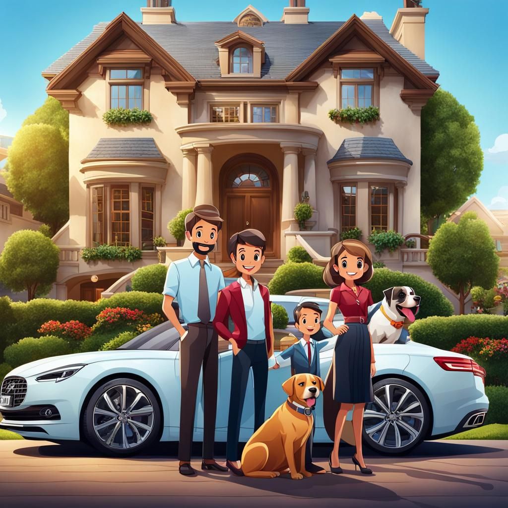 Wealthy Family Portrait with Luxury Home and Car