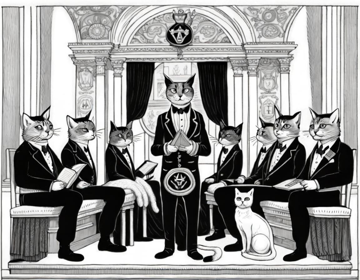 Anthropomorphic Cats in Freemasons Meeting: Ink Illustration