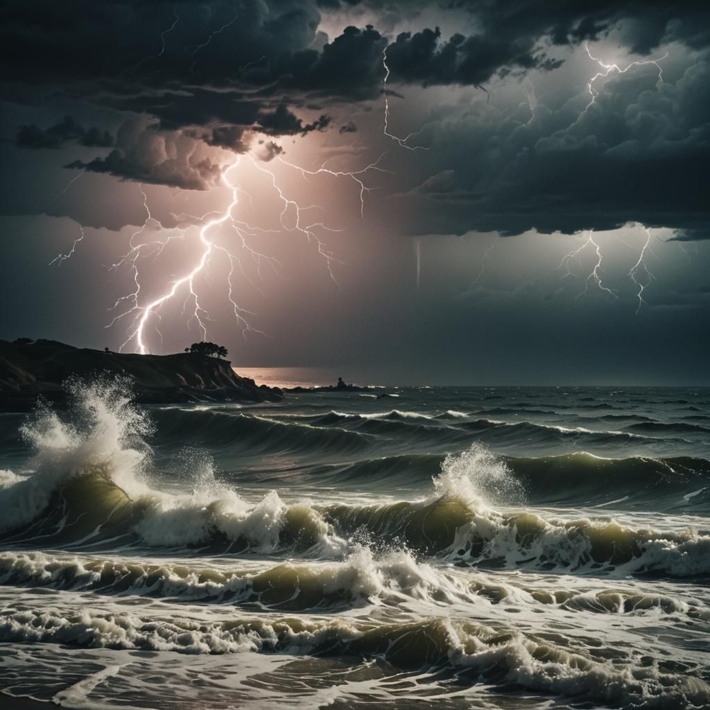 Stormy Night Seascape: Cinematic Film Still