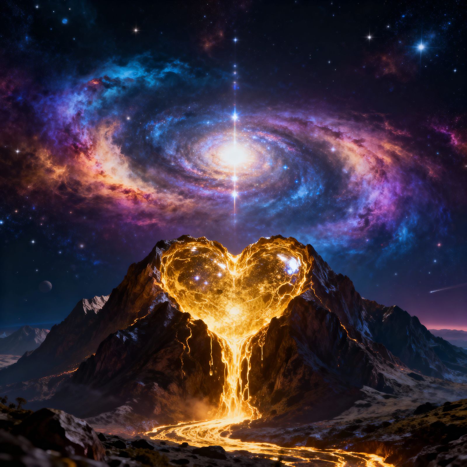 Cosmic Mountain With Molten Gold Magma