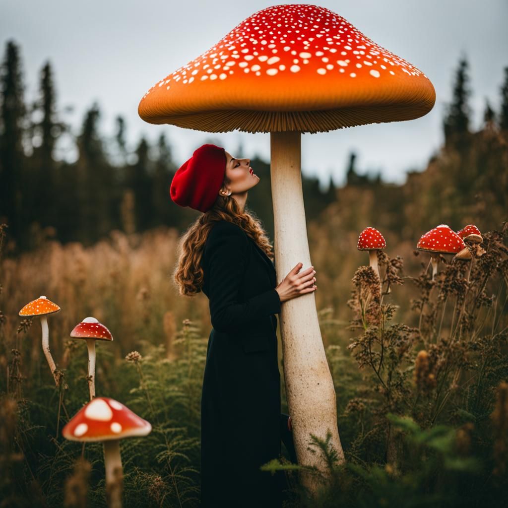 woman kissing tall mushroom