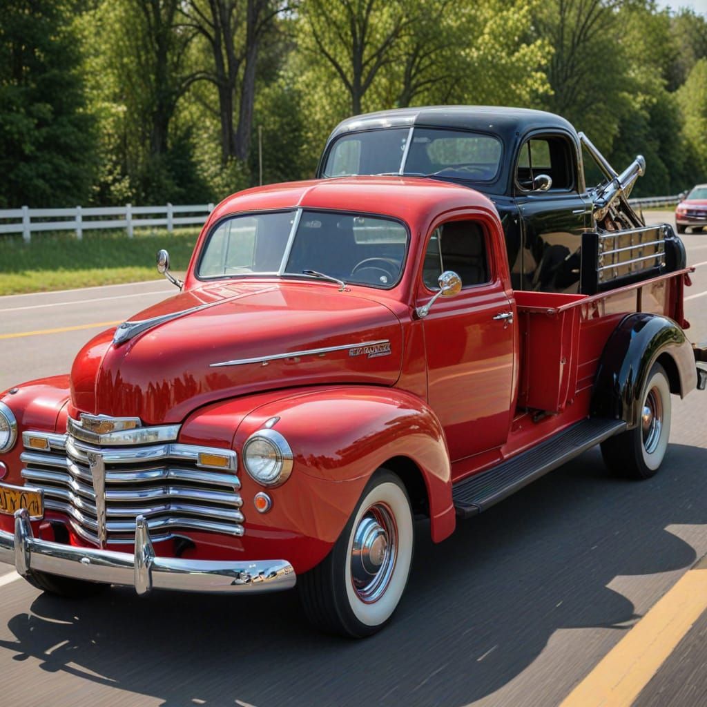Vintage Ford Tow Truck Pulling Classic Chevrolet Coupe