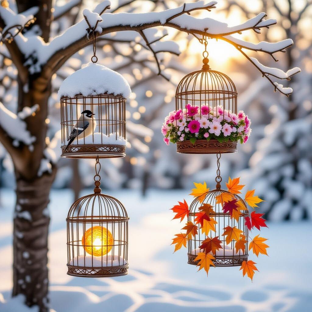 Four Seasons Birdcages on Tree in Cycle
