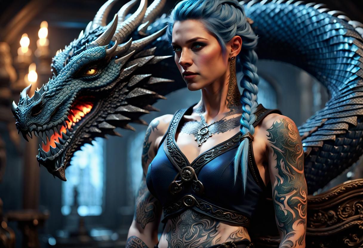 Viking Woman and Dragon in Dark Fantasy Art
