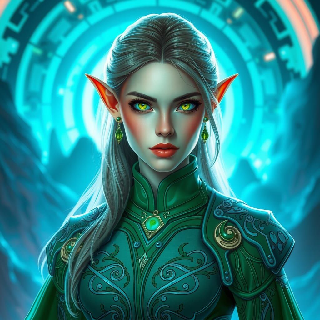 High Elf Technomancer in Sci-Fi Cityscape