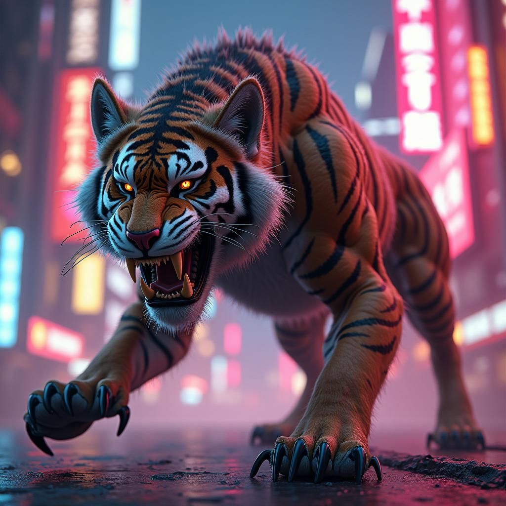Fierce Dog-Tiger Hybrid in Futuristic Cityscape