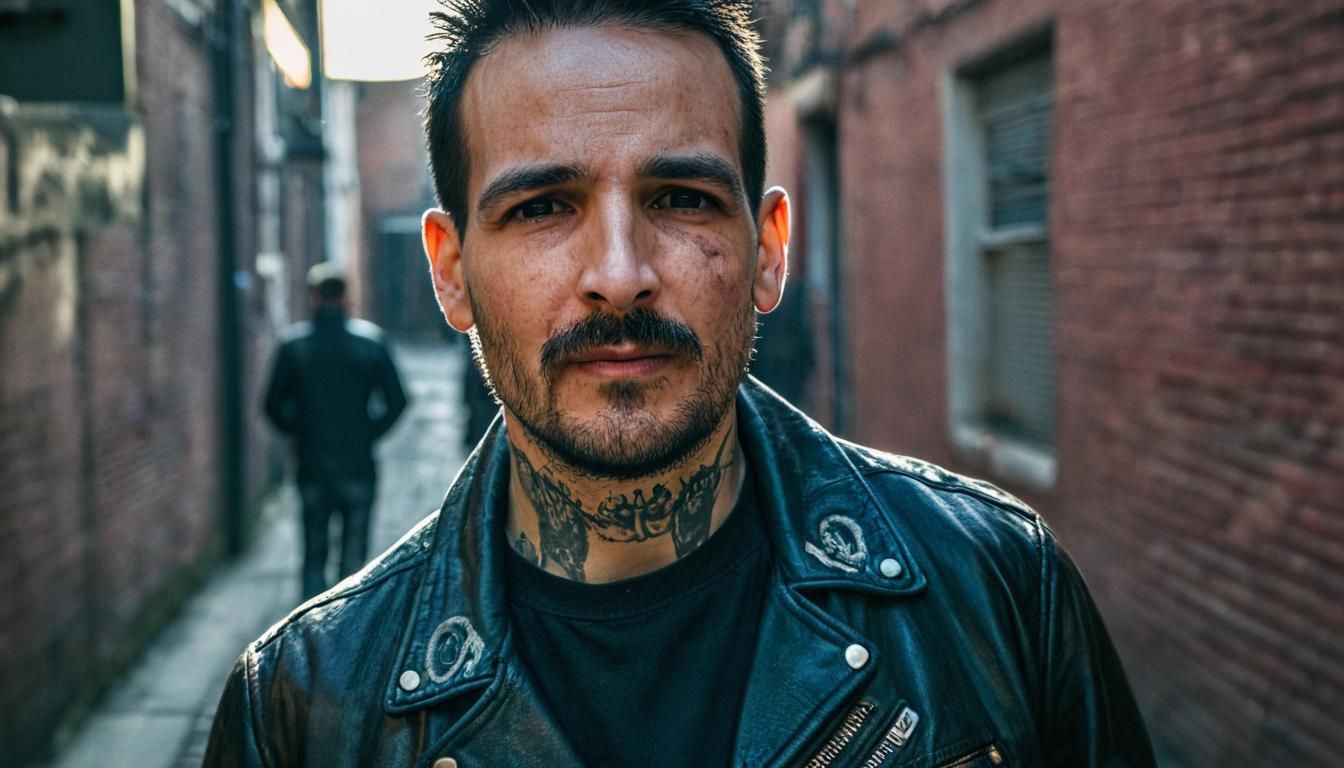 Tough Biker in a Grimy Alleyway