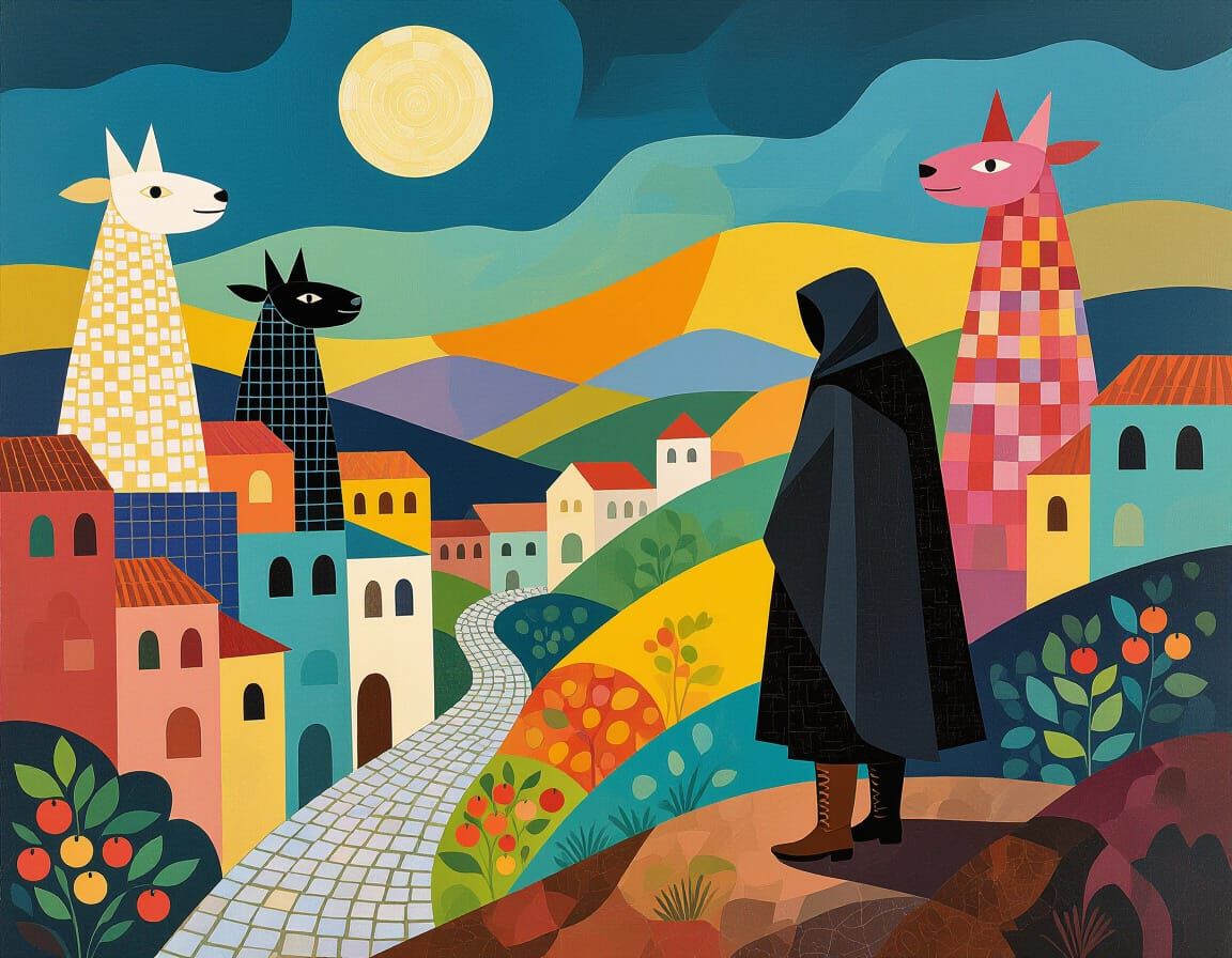 Figure With Cape Overlooks Surreal Town