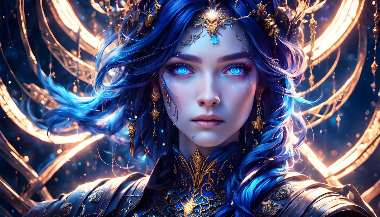 Neon-Lit Dark Fantasy Portrait of a Blue-Eyed Woman