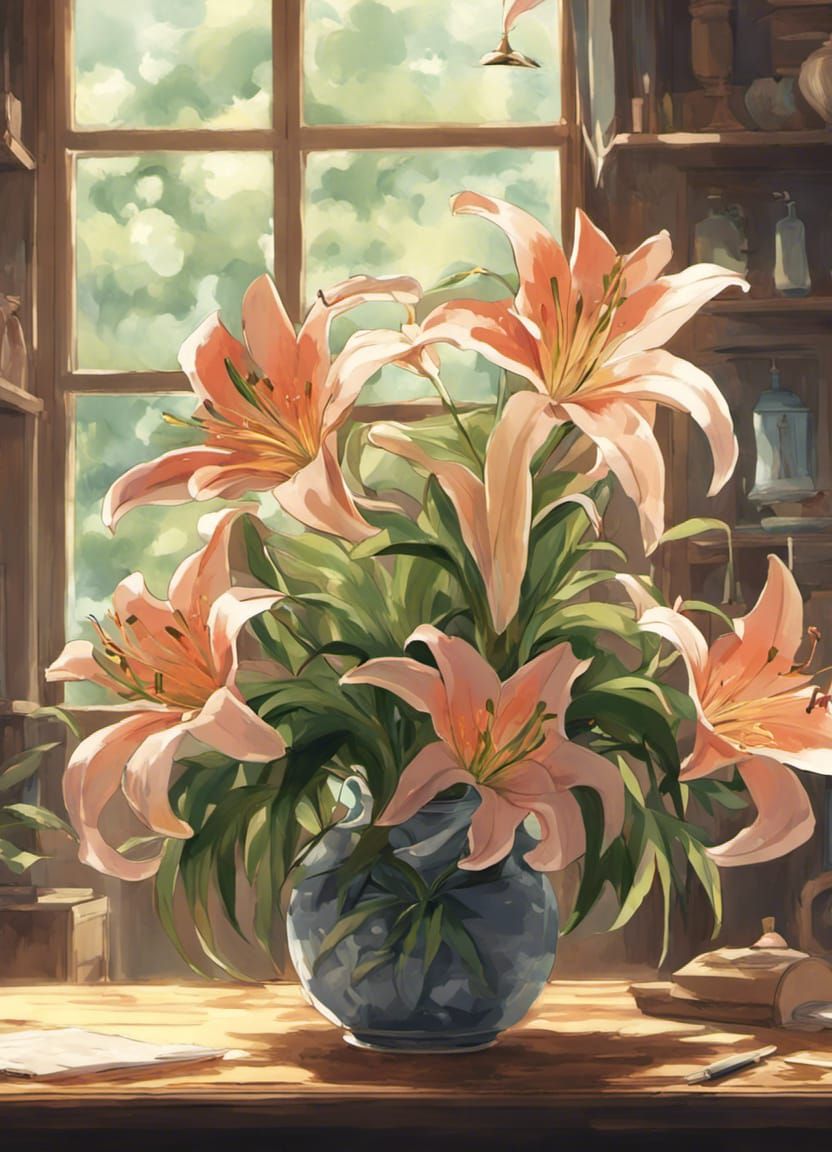 Lillies in Vase, Ghibli Anime Style