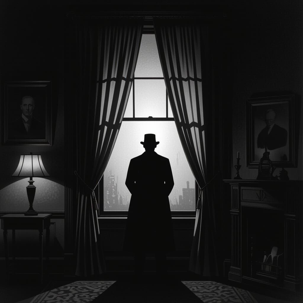 Noir Suspense: Silhouetted Figure in London House