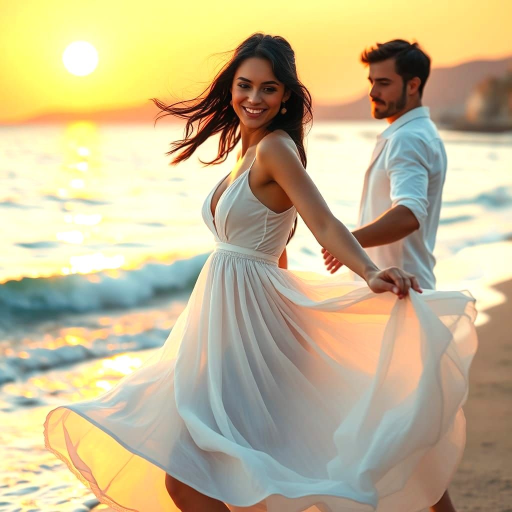 Romantic Couple Dancing on Greek Beach at Night