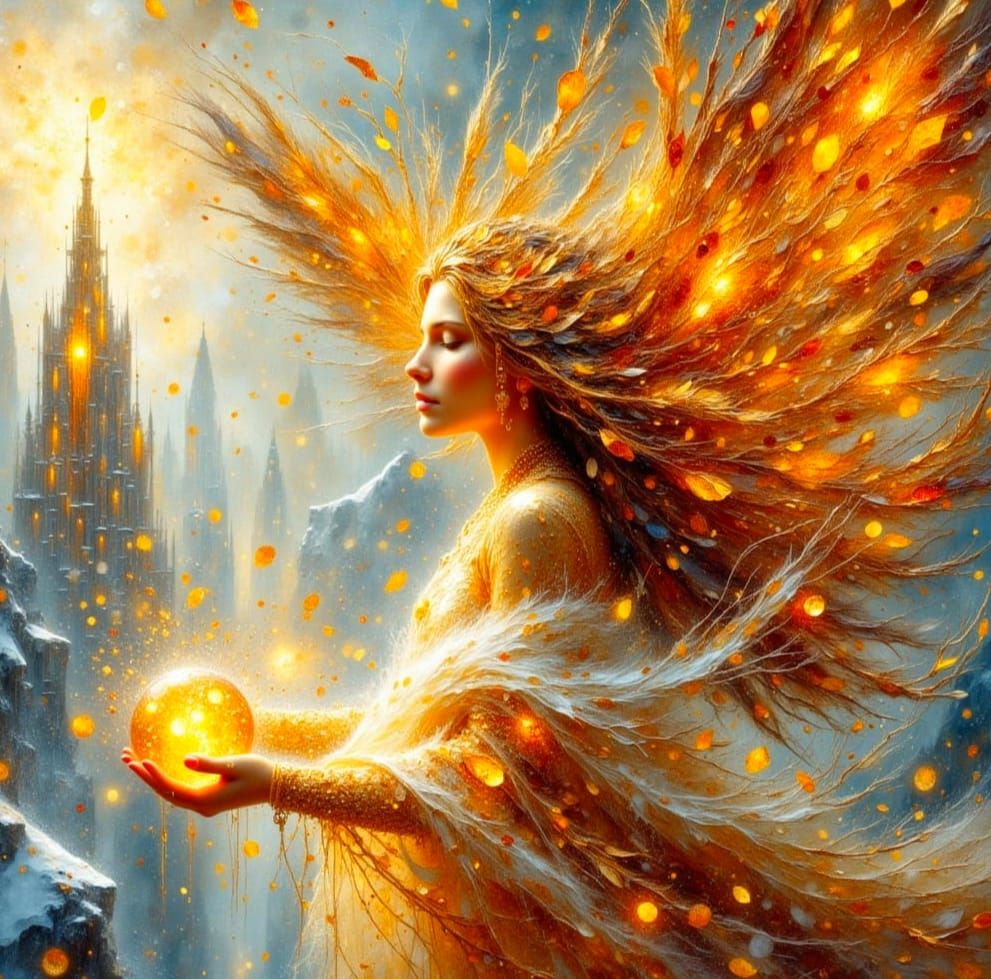 Golden God Descends in Blizzard, Watercolour Style