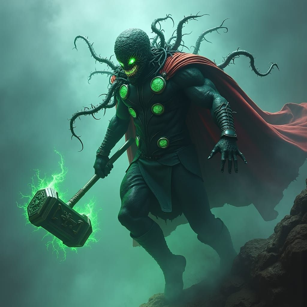 Symbiote-Infected Thor with Eerie Glowing Hammer