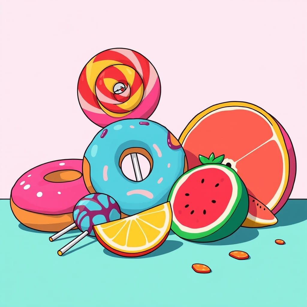 Vibrant Cartoon Food Still Life in Whimsical Style